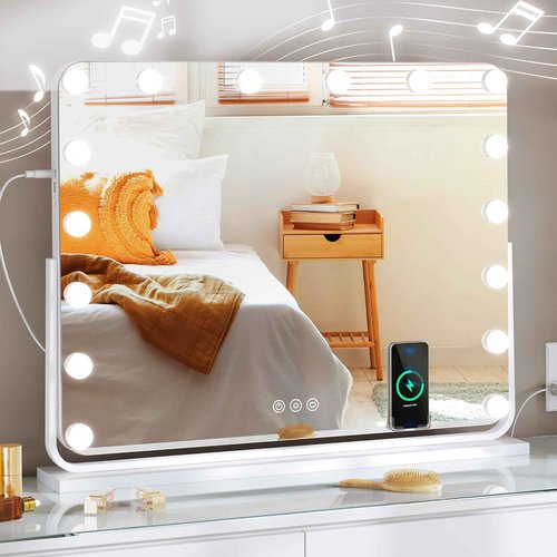 YITAHOME Vanity Mirror with Lights and Bluetooth Speaker & Wireless Charger, 28"x22" LED Makeup Mirror, Lighted Makeup Mirror with Lights, Touch Screen with Dimmable 16 Bulbs, USB Type-C Charging Port