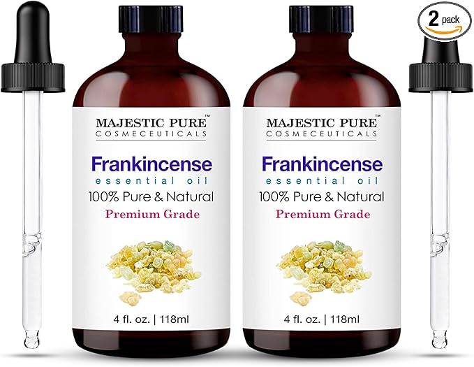 Majestic Pure Essential Oil with Glass Dropper - 100% Pure and Natural - Essential Oils for Diffuser, Aromatherapy, Soap and Candle Making, Frankincense Essential Oil, Frankincense Oil, 4FlOz Pack of2