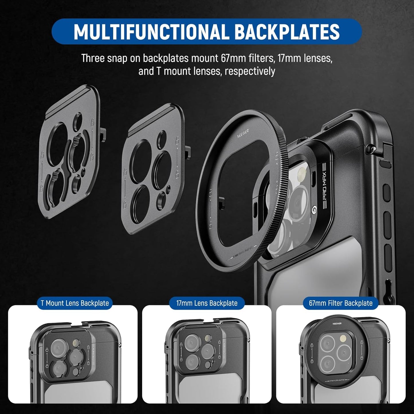 NEEWER 16 Pro Max Cage, Quick Release Video Rig Phone Stabilizer Compatible with iPhone 16 Pro Max with 67mm Filter Adapter, 17mm Lens Backplate, T Mount Lens Adapter Compatible with Moment, PA074