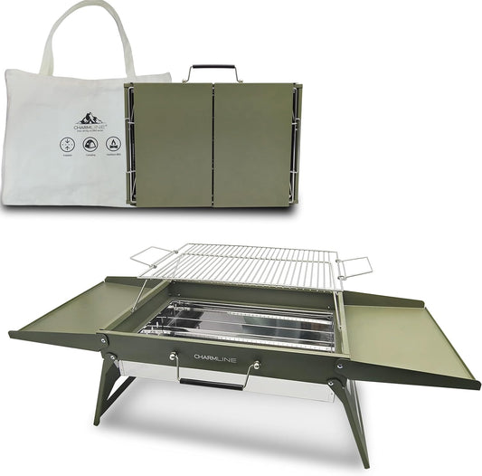 Charmline 20x14inch Big Desktop Charcoal Grill, Liftable Grilling Net, Saving Space Grill for Indoor and Outdoor, BBQ Grill for Camping, Gardens, Picnics, Beach Parties, Green, Max