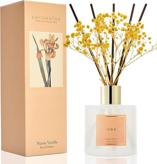 Cocorrína Reed Diffuser - Warm Vanilla Scented Diffuser with 8 Sticks Home Fragrance Reed Diffuser for Bathroom Shelf Decor
