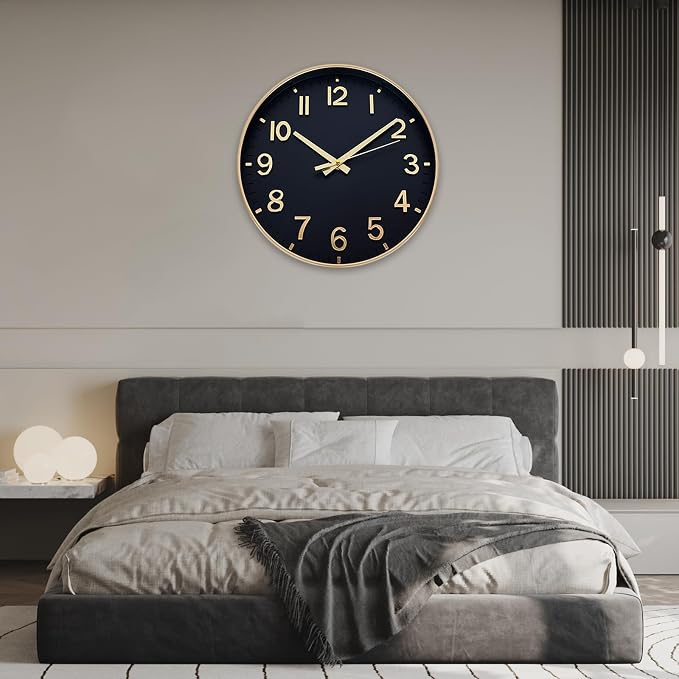 HZDHCLH Wall Clocks Battery Operated,Wall Clock Black Gold,12 inch Wall Clock Silent Non Ticking Modern 3D Numbers for Kitchen Bedroom Living Room Office Classroom Decor