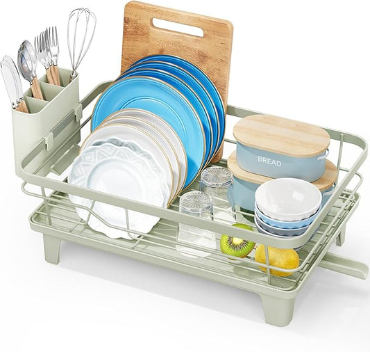 Urackify Dish Drying Rack for Kitchen Counter, Sink Dish Rack with Drainboard, Large Dish Drainer with Cups Holder, Home Countertop Plate Dryer Storage Rack with Cutlery Holder, Soft Celery Green