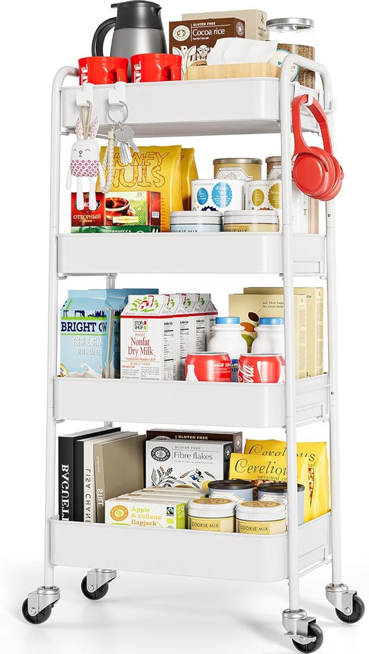 TOOLF 4-Tier Rolling Cart - Metal Storage Organizer with Lockable Wheels, 44 lbs Per Shelf Capacity, Tool-Free Assembly, for Kitchen Bathroom Office Laundry Room Nursery, White