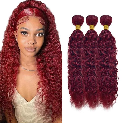 Fabimiya Human Hair Bundles Burgundy 99J Water Wave 26 28 30 Inch Bundles Human Hair 100% Unprocessed Burgundy Soft Sewn In Hair with Double Weft for Black Women