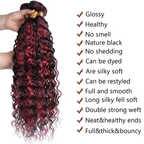 Fabimiya 18 20 22 inch Burgundy P1B/99J Deep Wave Human Hair Bundles Wine Red Human Hair Bundles Unprocessed Burgundy Soft Sewn In Hair with Double Weft for Black Women