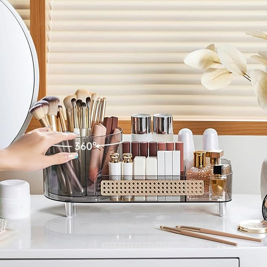 Booklov Rotating Makeup Organizer for Vanity, Large Capacity Cosmetic Display Case, Clear Acrylic Countertop Beauty Storage Holder for Skincare, Brush Eyeliner Lipstick, Counter Table, Crystal Black