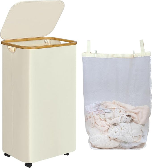 Laundry Hamper with Wheels,110L Laundry Basket with lid Rolling Clothes Basket Foldable Dirty Clothes Hamper on wheels with Bamboo Frame and Bag for Bedroom, Dorm, Laundry Room,Beige(29 Gal)