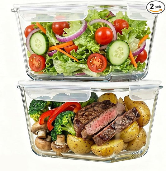 2 Pack Large Glass Food Storage Containers with Lids 85oz/10.5cup Big Airtight Storage Containers for Rotisserie Chicken Meal Prep Leftovers, BPA Free & Leak Proof, Microwave, Oven Safe (transparent)