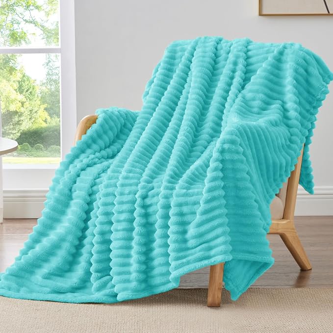 BEDELITE Twin Blanket for Couch & Bed, 300GSM Soft & Warm Fleece Blanket, Decorative and Giftable Striped Aqua Blankets for Women, Men, 60"x80"
