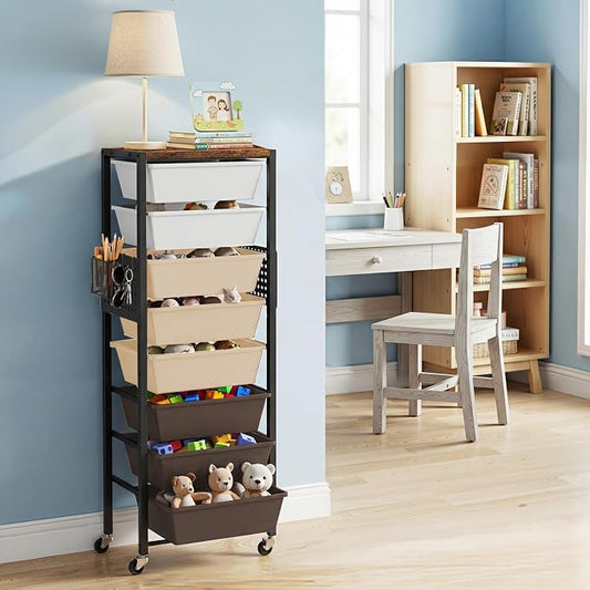Rolling Cart with Drawers, Rolling Storage Cart with Large Plastic Drawers & Wooden Tabletop, Utility Cart with Pegboards & Basket, Storage Drawers Cart for Living Room, Classroom, Bedroom, Office
