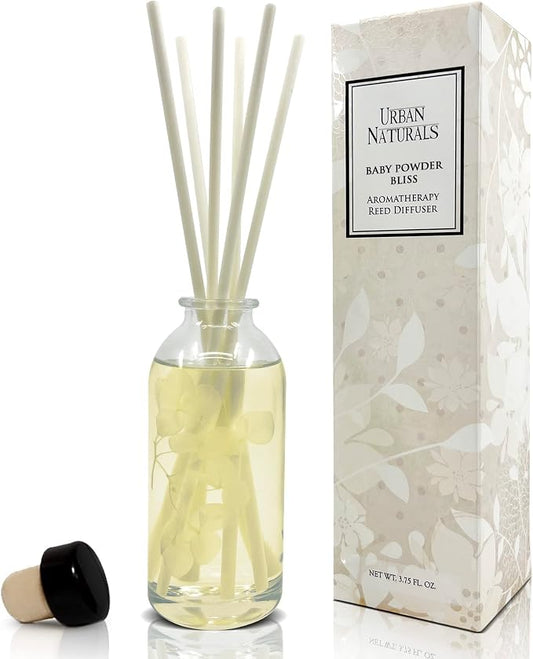 Urban Naturals Baby Powder Bliss Reed Diffuser Set | Made with Essential Oils & Real Botanicals | Powdery Floral Notes, Rose, Geranium, Musk & Cedar | Makes a Great Gift | Made in the USA