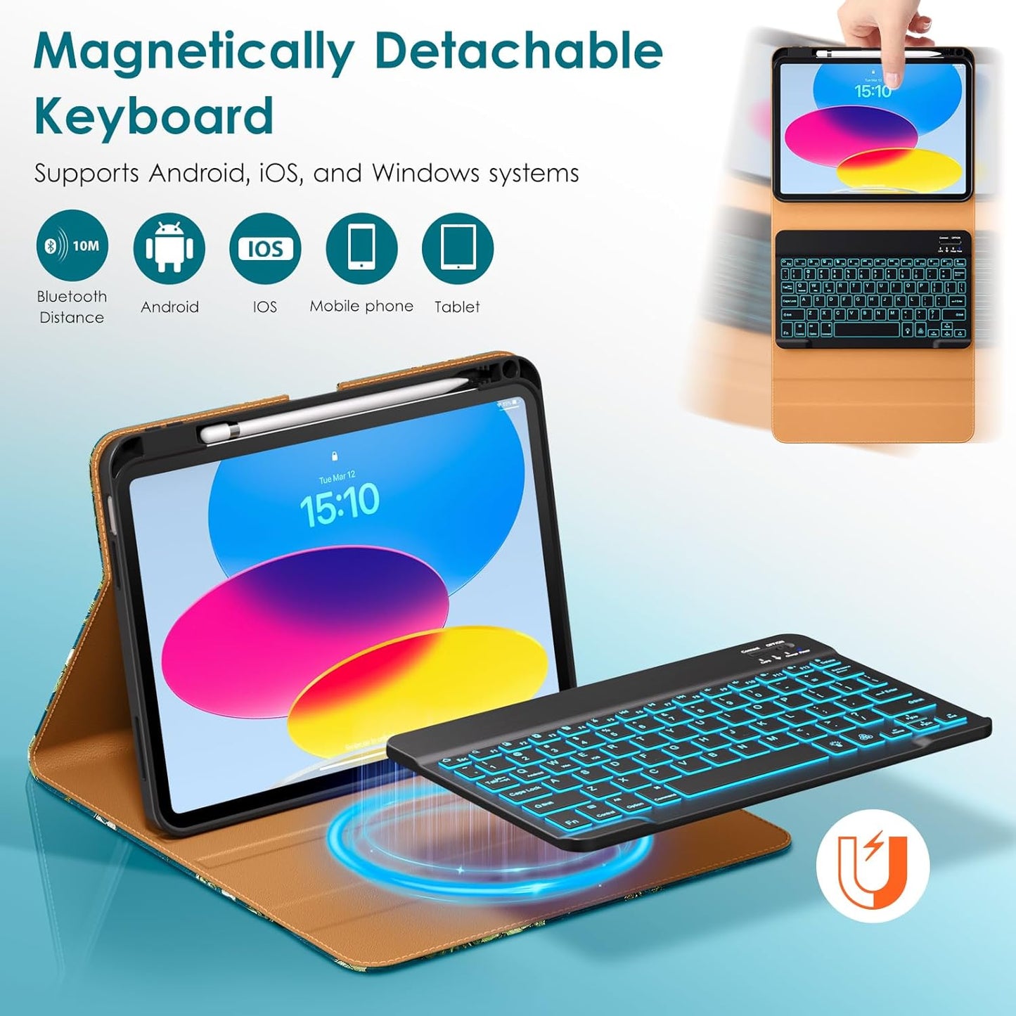 DTTO for iPad 11th (A16)/ 10th Generation Case with Keyboard (2025/2022), 7 Colors Backlit Wireless Detachable Keyboard Leather Folio Cover with Pencil Holder & Pocket, Blossom