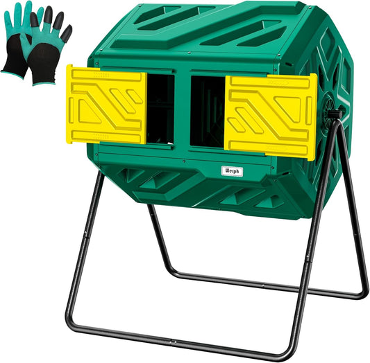 Compost Bin, Outdoor Composter, Fast Assembly 43 Gallon Dual Chamber Outdoor Compost Tumbler, Heavy Duty Tumbling Rotating Composter for Patio, Garden,Yard, Green, Easy Setup, Gloves Included