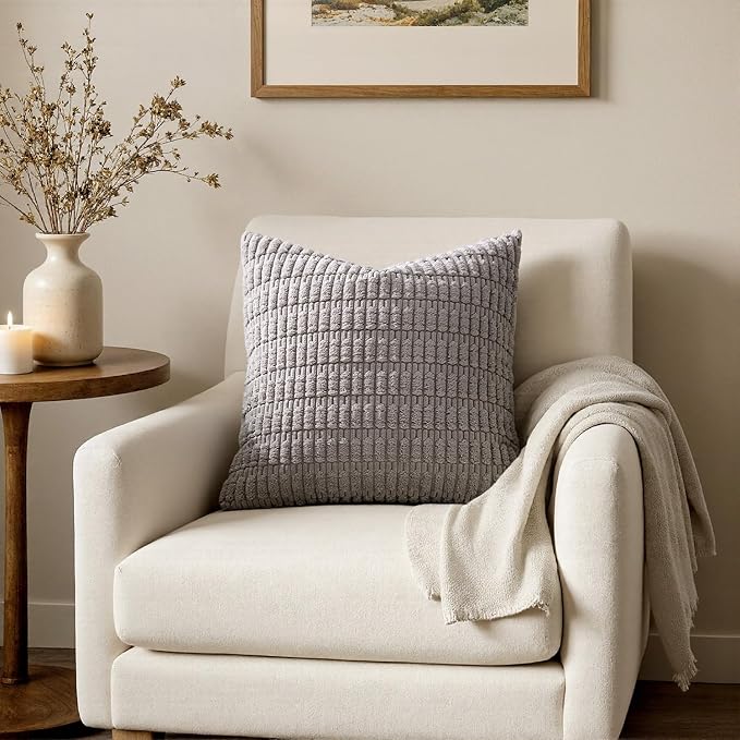 MIULEE Pack of 2 Corduroy Decorative Throw Pillow Covers 20x20 Inch Soft Boho Striped Pillow Covers Modern Farmhouse Home Decor for Sofa Living Room Couch Bed Light Grey