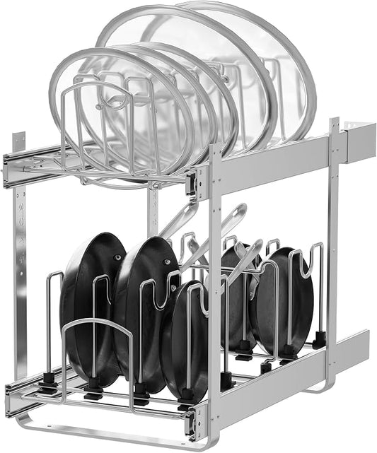 2-Tier Kitchen Pull out Cabinet Organizer for Pots, Pans, and Lid Cookware, Adjustable Heavy Duty Wire Pan and Pot Rack, Full-Extension Rail 12" W *22" D
