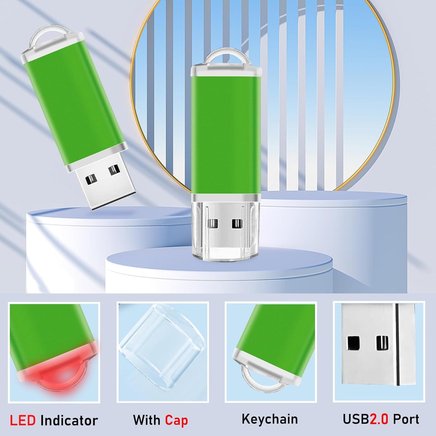 Memorias USB 4GB Flash Drive 50 Pack, USB 2.0 Thumb Drives Bulk Memory Sticks 4GB FAT32 USB Flash Drives Bulk Jump Drives Multipack Pack of 50 with Lanyard(Green 50 Packs 4 GB)