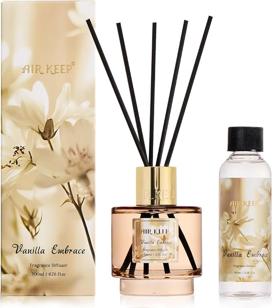 Airkeep Reed Diffuser Set with Refill & 8 Reed Sticks, 6.96 fl oz Vanilla Embrace Home Fragrance, Long Lasting Aromatherapy Diffuser for Bedroom, Bathroom & Living Room