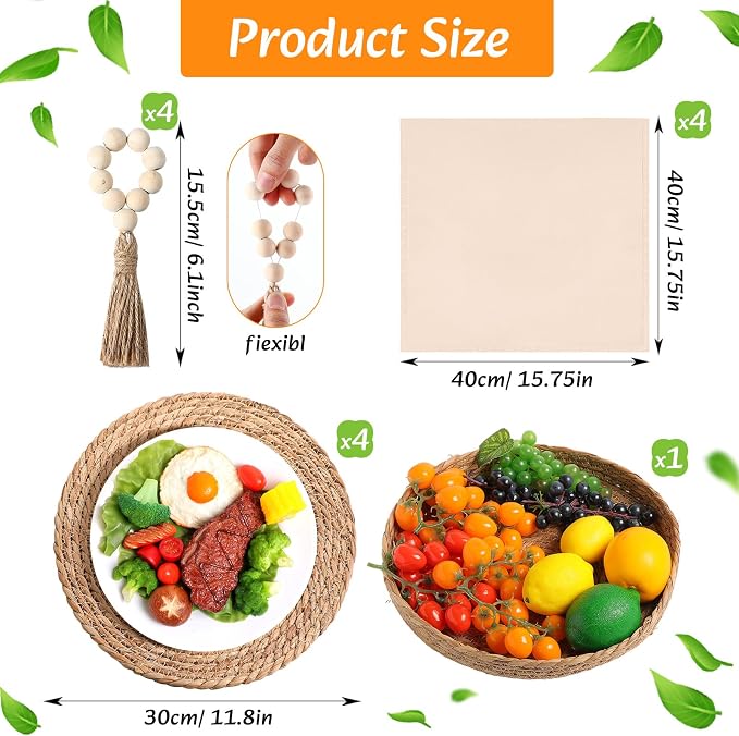 4 Sets Boho Decoration Placemats Round Woven Placemats, Cloth Napkins, Wood Bead Napkin Rings, Long Table Runner and Farmhouse Burlap Cotton for Table Kitchen (Caramel,12x72)