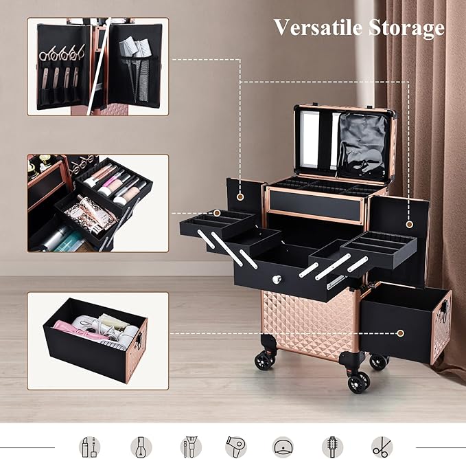 Professional Makeup Artist Rolling Train Case Multi-functional Cosmetic Train Case Large Trolley Storage Case for Nail Technicians Cosmetology Case for Hairstylist Rose Gold