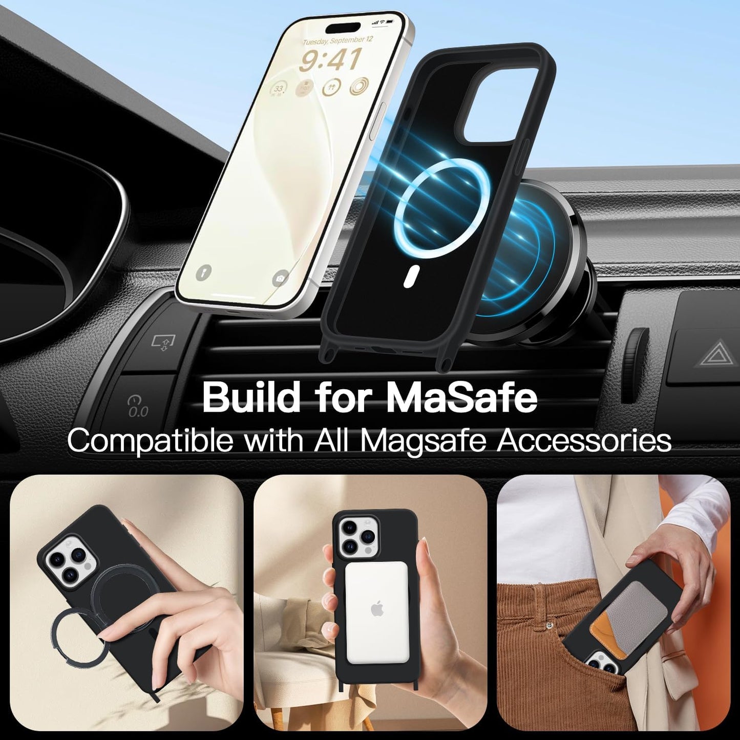for iPhone 15 Pro Case with Lanyard [Compatible with MagSafe], Crossbody Phone Case with Neck Strap Adjustable, Magnetic Phone Cover for iPhone 15 Pro 6.1'' Black