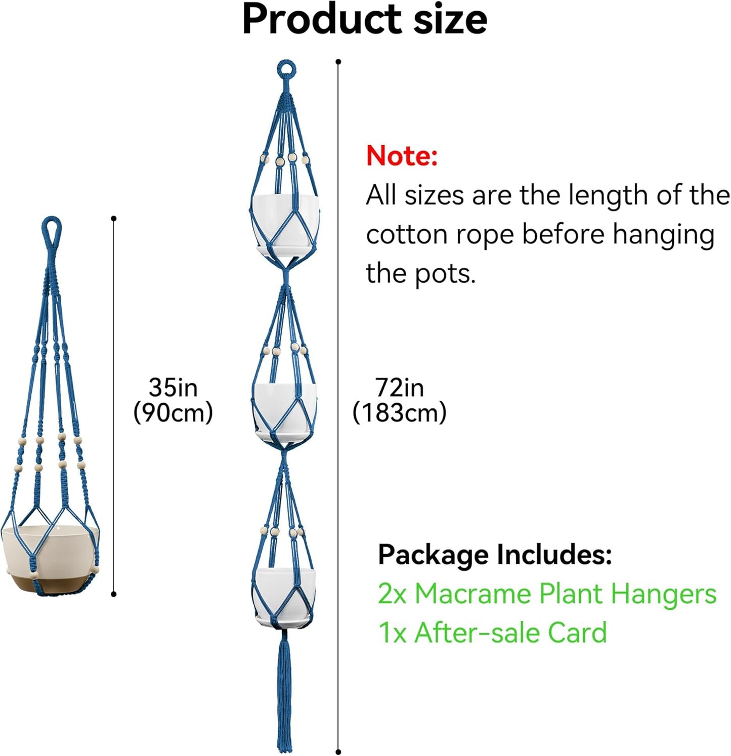 USLAI Macrame Plant Hanger Indoor Outdoor, Up to 4-15 inch Pot, Heavy 20lb Planters, Extra Long Strong Hanging Planter Basket Holder, Boho Home Decor, 35+72 Inch, Blue (POTS NOT Included)