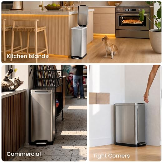 Home Zone Living 12 Gallon Kitchen Trash Can with Slim Fit Design | Stainless Steel with Soft-Close Step Pedal Lid, Bag Tuck Band for Easier Bag Changes, Rectangular Shape, Silver
