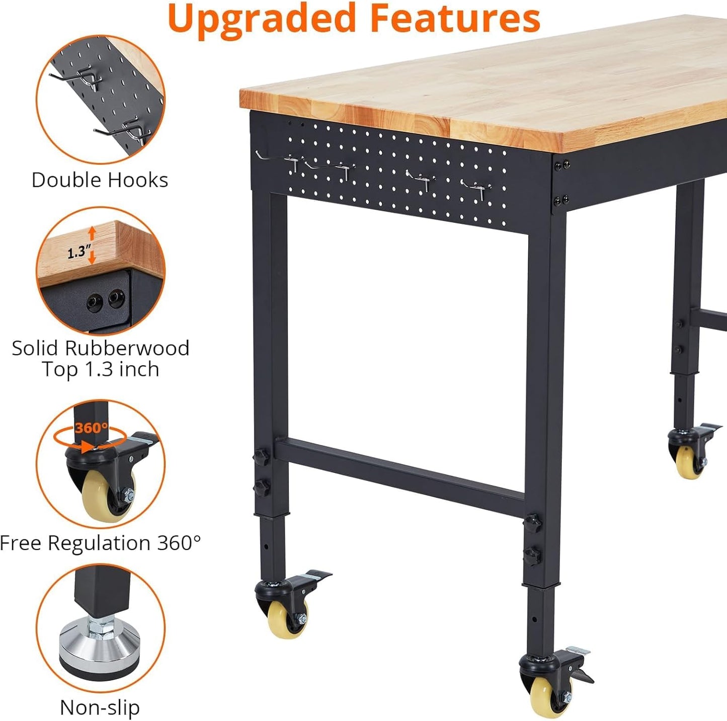 60'' Adjustable Workbench on Wheels, 2000LBS Heavy Duty Worktable with Power Outlets, Rubberwood Workstation for Workshop, Garage, Office, Home