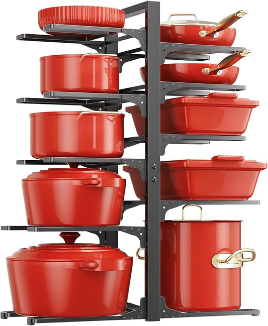 LAMU 10-Tier Pots and Pans Organizer under Cabinet, 23.62" Height Heavy Duty Pots Pans Organizer Rack for inside Cabinet Adjustable for Big Stockpots, Dutch Oven, Cast-iron Pans, Heavy Cookware