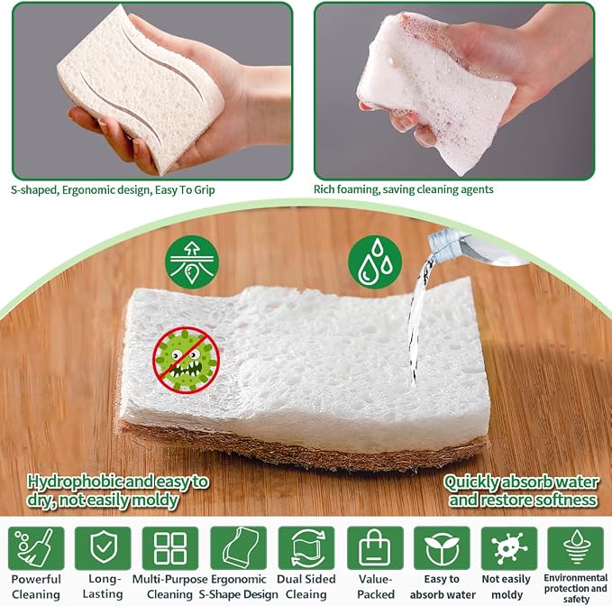 Sponges Kitchen Natural Dish Sponge Plant-Based Biodegradable Compostable Cellulose with Coconut Scrubber Sponge Non Scratch Eco Friendly Kitchen sponges for Kitchen Dishes（Pack of 6）