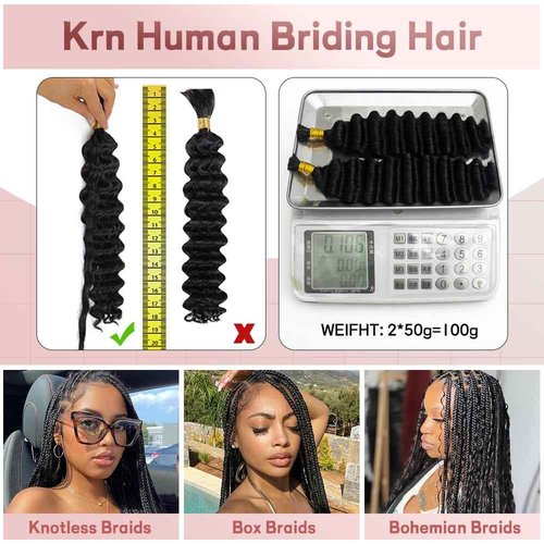 KRN 4/27 Braiding Hair Deep Wave Bulk Human Braiding Hair 2 Bundles/Pack 100g Curly Hair for Boho Braids 12A Salt And Pepper Braiding Human Hair No Weft Wet and Wavy Braiding Hair Extensions 24 Inch