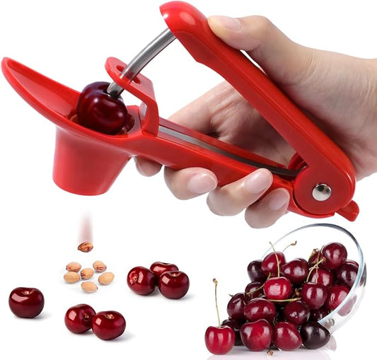 SCHVUBENR Cherry Pitter Tool - Stainless Steel Cherry Corer Pitter with Ergonomic Push Design - Easy to Use for Making Cherry Jam - Pit Cherry with Ease, Saving Time & Space with Lock Design(Red)