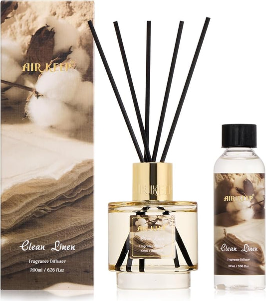 Airkeep Reed Diffuser Set with Refill & 8 Reed Sticks, 6.96 fl oz Clean Linen Home Fragrance, Long Lasting Aromatherapy Diffuser for Bedroom, Bathroom & Living Room