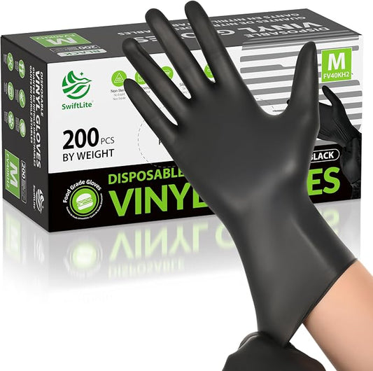 SWIFTLITE Black Vinyl Gloves, Food Grade Gloves Disposable Latex Free & Powder Free, Guantes for Cleaning Cooking Food Prep