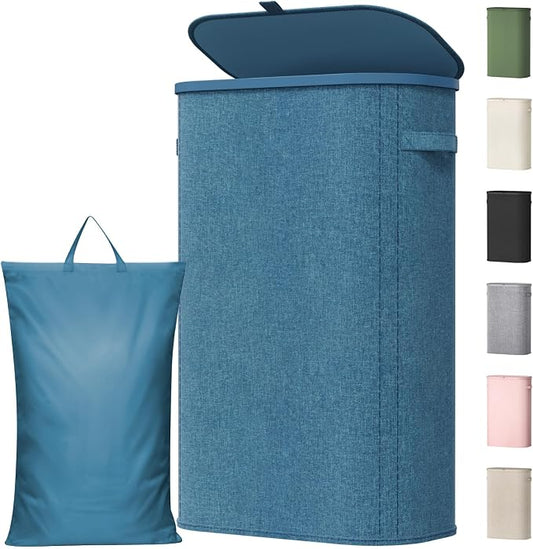 Lifewit Slim Laundry Basket with Lid, Narrow Large Laundry Hamper with Plastic Handles and Removable Bag, Tall Foldable Dirty Clothes Hampers for Laundry Room, Bedroom, Bathroom, Dorm, 65L Dark Blue