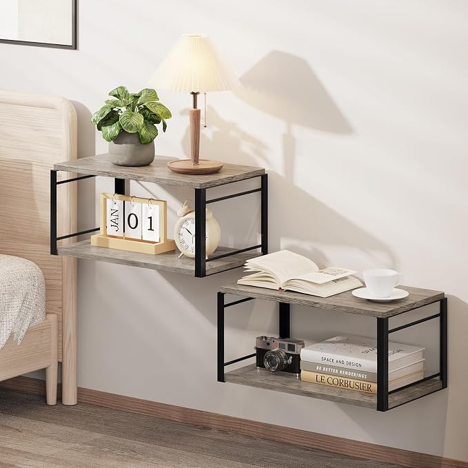 Floating Nightstand Wall Shelf, Wood Bedside Shelf Wall Mounted Nightstand Set of 2, Floating Bedside Table for Bedroom, Living Room, Bathroom, Kitchen, Office(Vintage Gray)