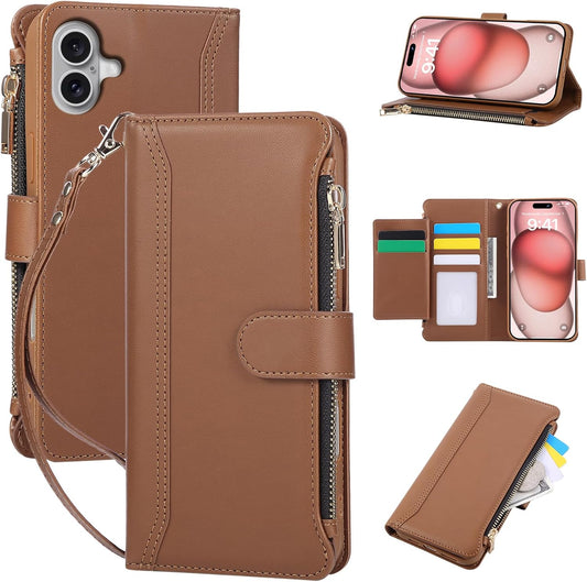 Compatible with iPhone 16 Wallet Phone Case-PU Leather Magnetic Flip Cover with Credit Card Slots,Zipper Pocket & Detachable Wrist Strap,Shockproof Design,for Women and Men-Brown