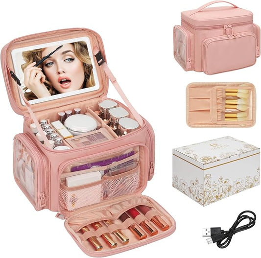 Large Makeup Bag with LED Mirror, Travel Makeup Bag Organizer for Women Girls with Makeup Brush Compartment & Two Side Pockets, 3 Color Lights Cosmetic Toiletry Bag- Leather Pink