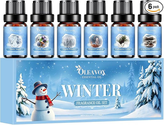 Winter Essential Oils Set, 6 Premium Holiday Fragrance Oil for Diffuser, Candle & Soap Making, Frozen Magic, Winter Wonderland, Hot Cocoa, Frosted Fir, Warm Sweater, Log Fire, Scented Oils for Home