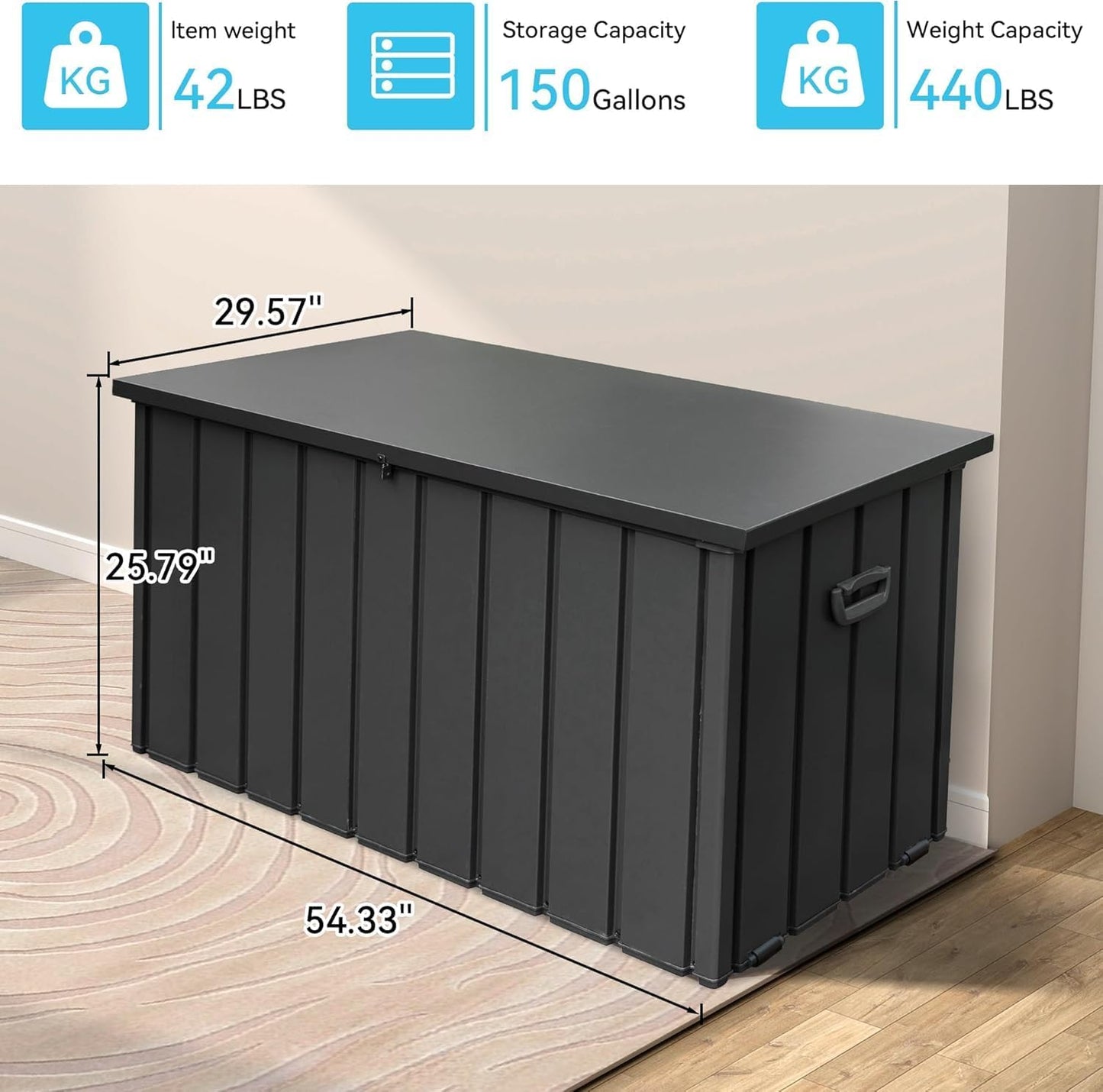 Metal Outdoor Storage Box, 150 Gallon Waterproof Deck Box for Patio Cushion, Outside Storage Cabinet Rust/UV Resistant, Lockable Garden Tool Storage Bin for Porch Package Delivery, Grey