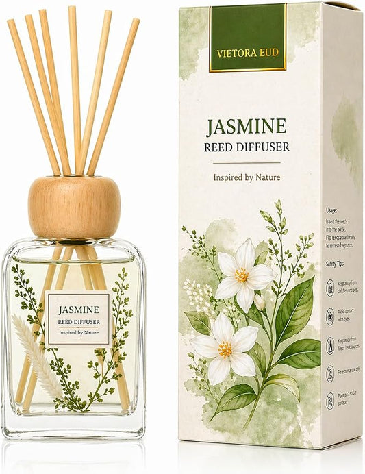 Jasmine Reed Diffuser Set, Floral Home Fragrance for Bedroom & Bathroom, Long Lasting Essential Oil Diffuser Sticks, Relaxing Fresh Scent, Stress Relief, 3.4 FL OZ