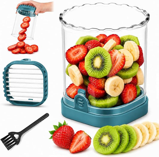 CUNSENR Strawberry Slicer, Fruit Slicer Cup with Stainless Steel Blades, Detachable Strawberry Cutter & Fruit Cutter for Strawberries, Banana, Egg, Cucumber, Mushroom, Quick Meal Prep - Blue