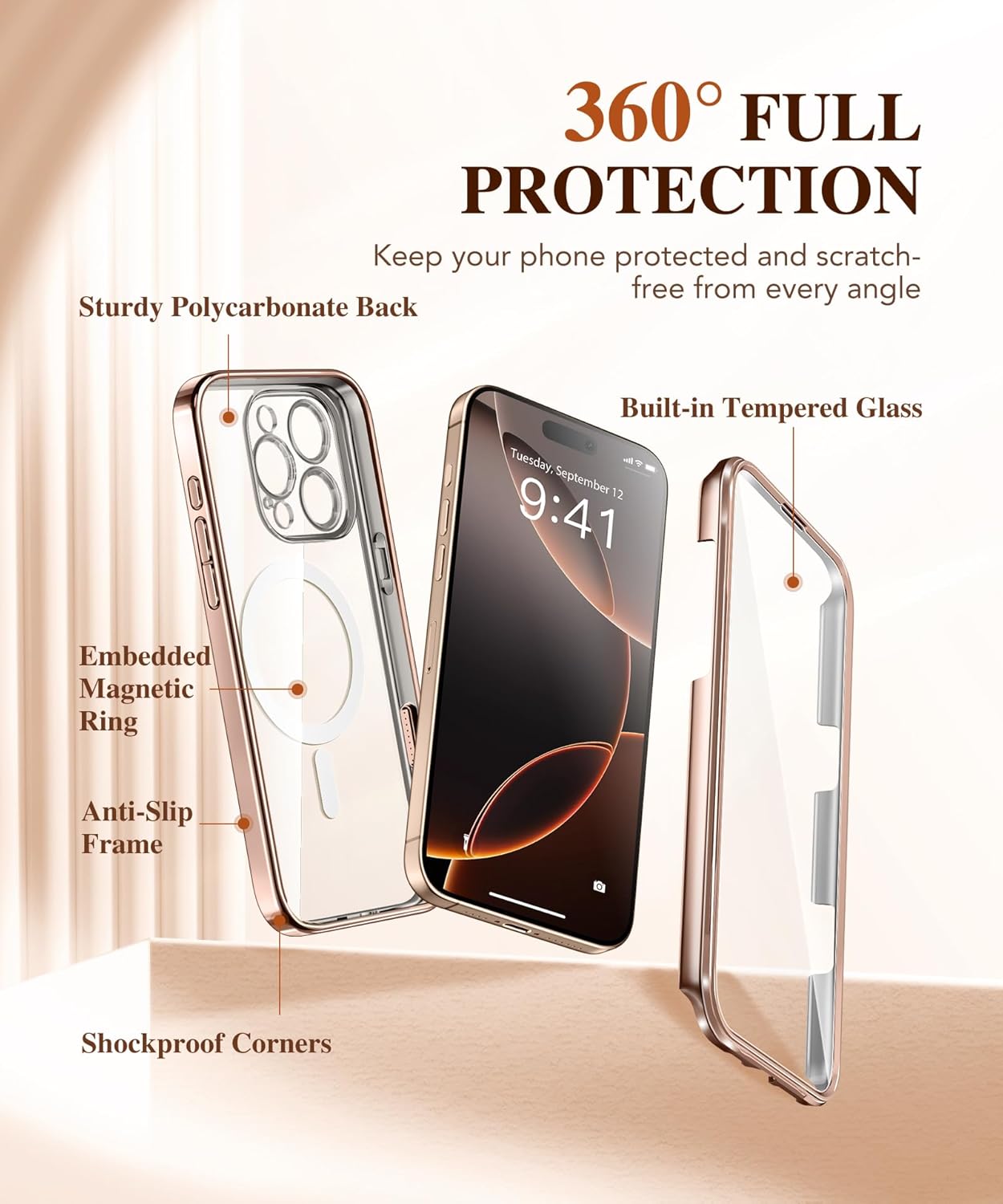 BERFY Magnetic for iPhone 16 Pro Max Case, Compatible with MagSafe, [Built-in 9H Tempered Screen Protector & Upgraded Camera Protection] Full Body Plating Phone Case for 16 Pro Max, Desert Gold