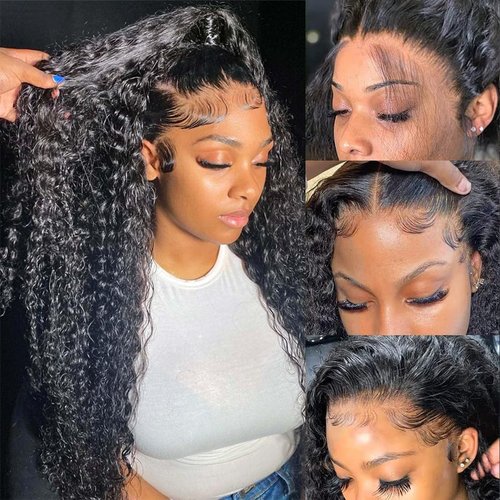 Hswpawk Lace Front Wigs Human Hair Pre Plucked 180% Density 13x6 Deep Wave Wigs Human Hair Glueless Wigs for Women Curly Wigs HD Transparent Lace Frontal Wigs Natural Color 22 Inch