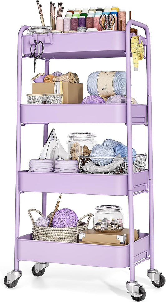 TOOLF 4-Tier Rolling Cart - Metal Storage Organizer with Lockable Wheels, 44 lbs Per Shelf Capacity, Tool-Free Assembly, for Kitchen Bathroom Office Laundry Room Nursery, Purple