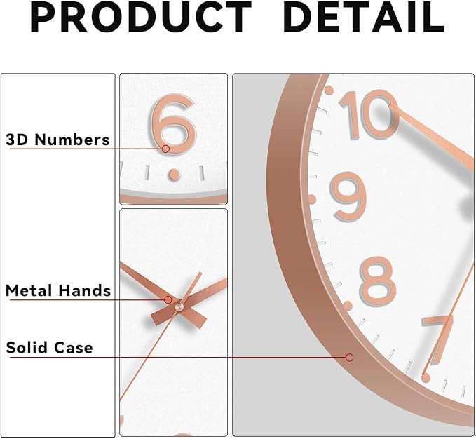 Roymnie Wall Clock 12 Inch Silent Wall Clocks Battery Operated- Modern Non Ticking Analog Clock Decorative for Living Room Bedroom Office Kitchen(White Rose Gold)