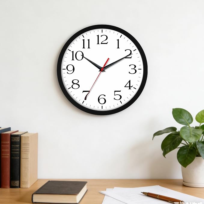 DAXSMY 10 Inch Wall Clock - Battery Operated, Silent Non-Ticking Analog Sweep Movement - Easy to Read Numbers for Home, Office, Kitchen, Classroom (Black)