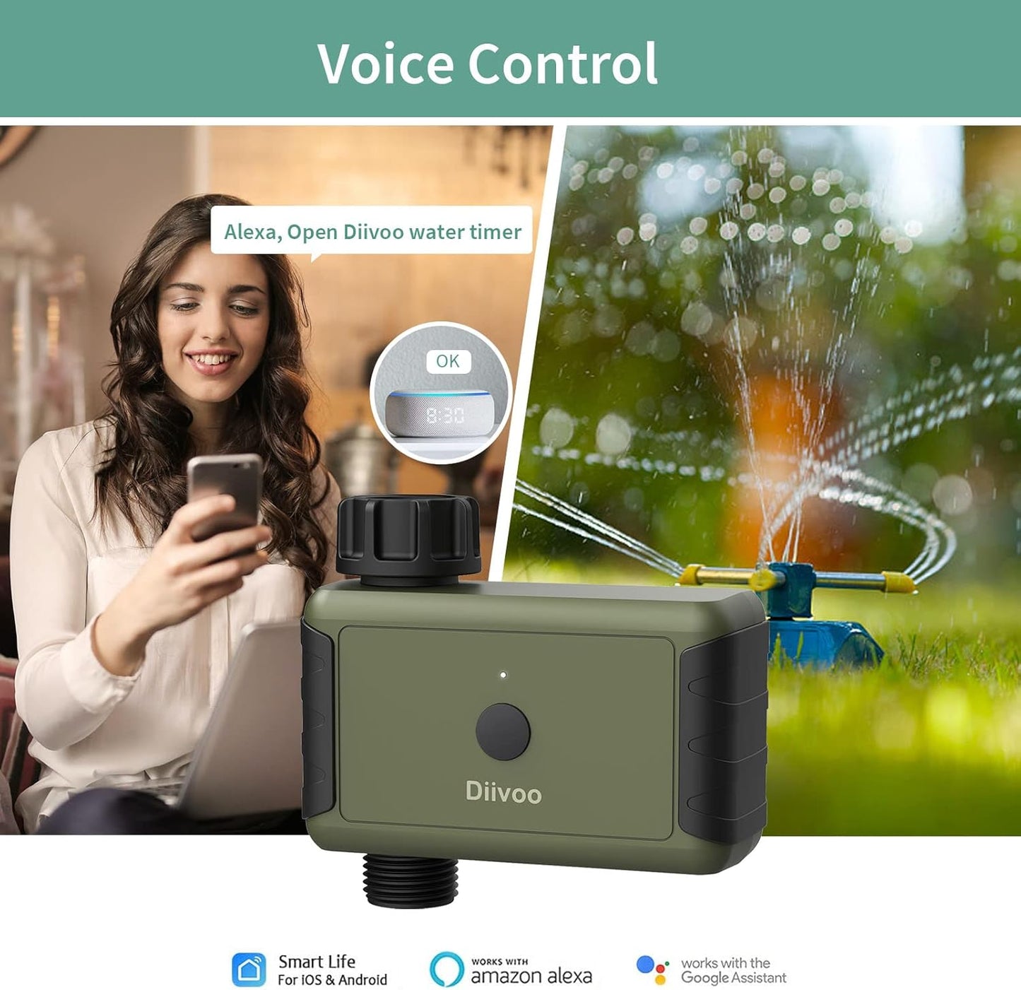 Diivoo WiFi Water Timer for Garden Hose, Smart Sprinkler Hose Timer with Hub, Up to 20 Separate Watering Schedules, Compatible with Alexa and Google Home
