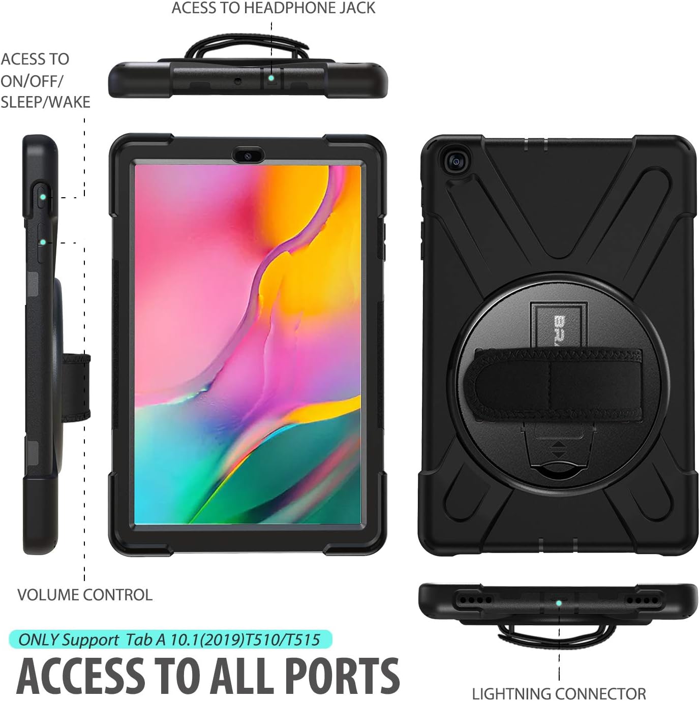 BRAECN for Galaxy Tab A 10.1 2019 Case, Heavy Duty Shockproof Rugged Case with 360 Degree Rotating Hand Strap/Stand and Shoulder Strap for Samsung Tab A 10.1 SM-T510/T515 2019 (Black)