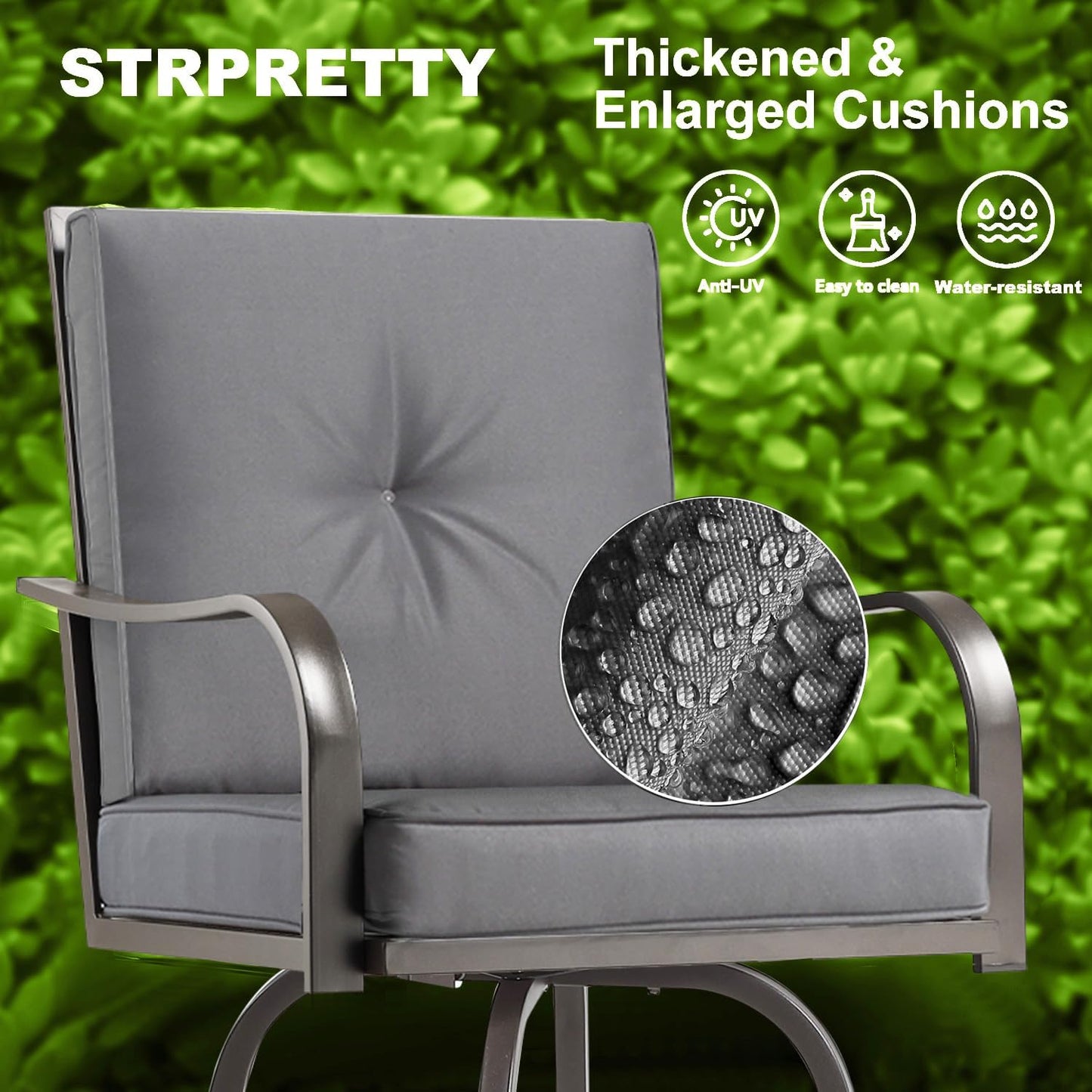 Patio Swivel Bar Stools Set of 2, Outdoor Bar Height Patio Swivel Chairs with Cushion for Garden Balcony Backyard (Grey)
